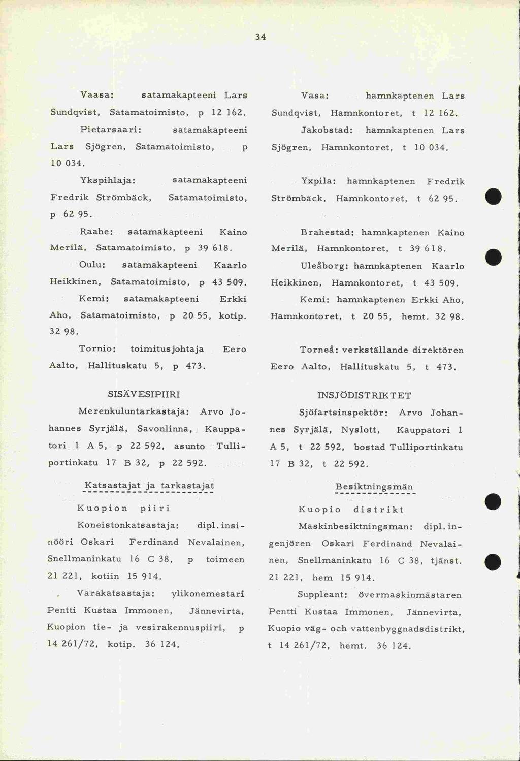 10 034. 21 221, p 62 95. Lars Eero 34 Vaasa: satamakapteeni Lars Vasa: hamnkaptenen Lars undqvist, atamatoimisto, p 12 162.