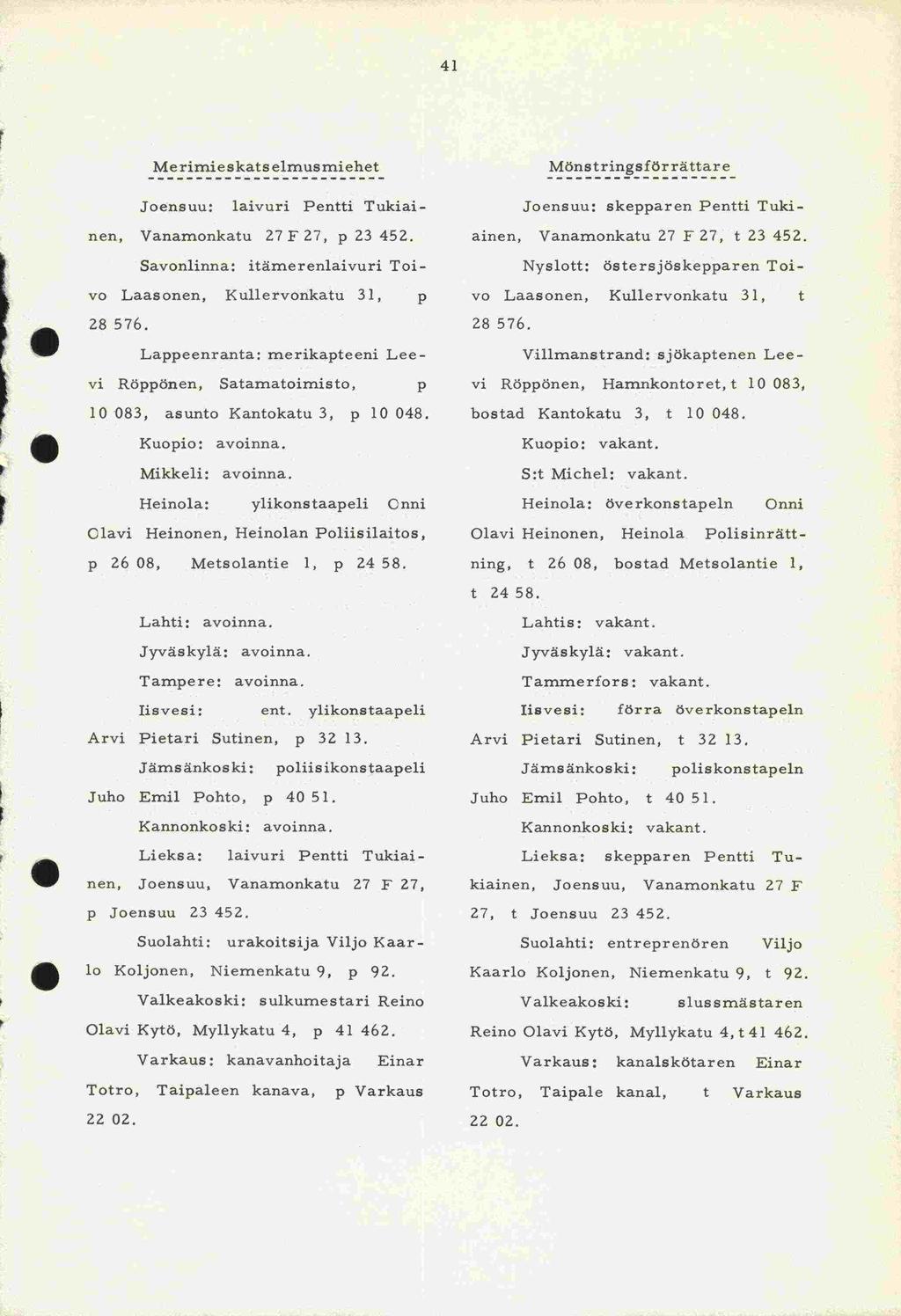 22 02. p 26 08, 22 02. 41 Merimieskatselmusmiehet Mönstringsförrättare Joensuu: laivuri Pentti Tukiai- Joensuu: skepparen Pentti Tuki- nen, Vanamonkatu 27F27, p23 452.