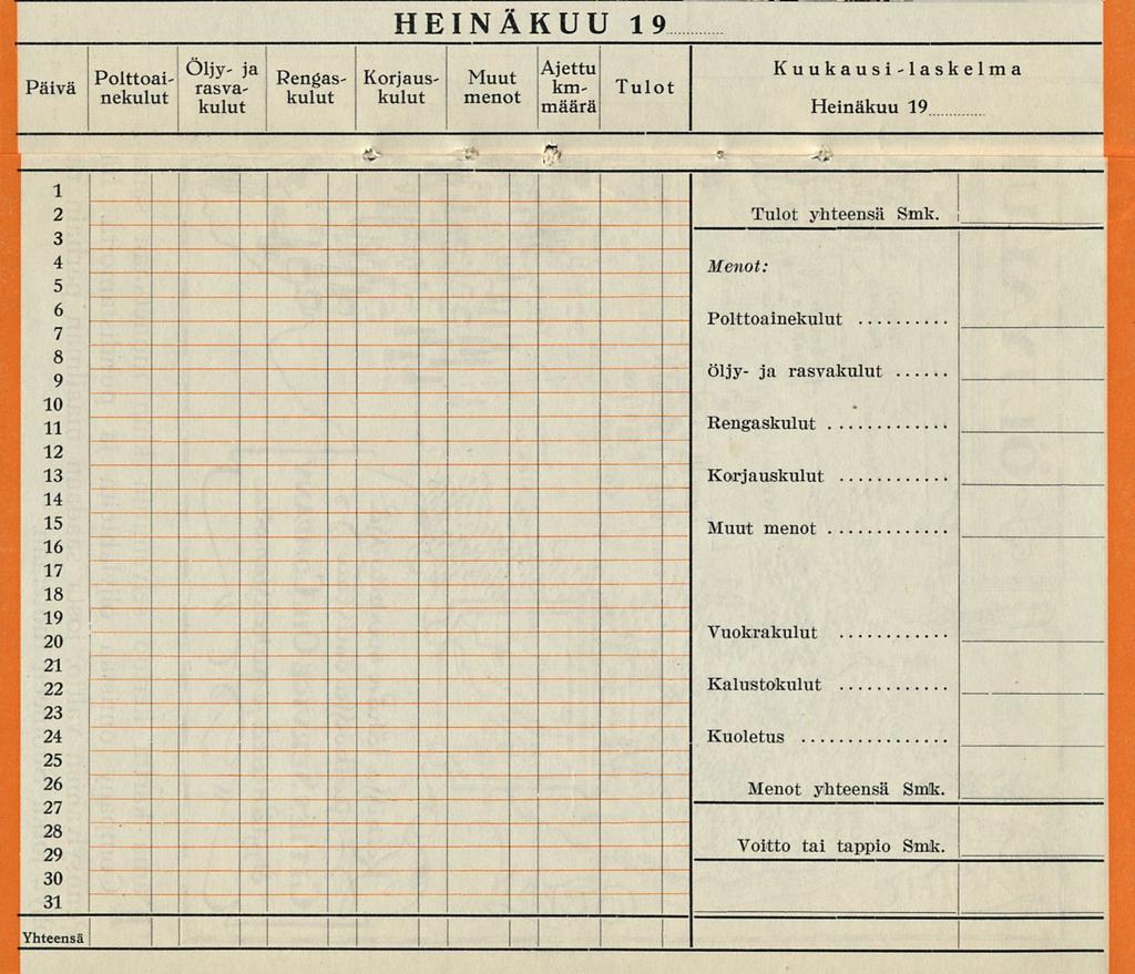 t 1 i i S i i Voitto ~ HENÄKUU 19 ~ ". Kuukausi- _ ~ j Paiva D Polttoai- nekulut ja A Rengas- Korjaus- Muut i e "v s T. J a : kulut kulut menot * '. Tulot 1 a sk e 1 m a kulut maara.... Heinäkuu 1Q 19.