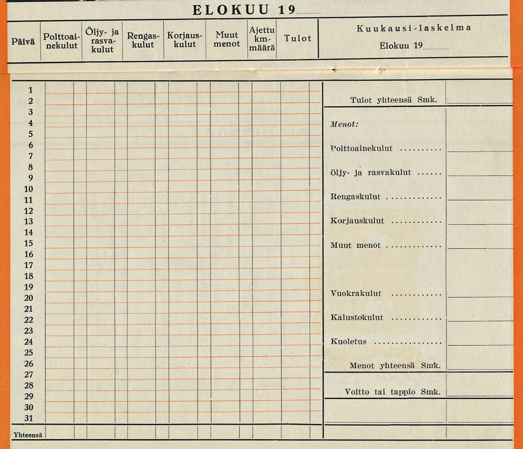 ~~" Päivä Paiva ttoai- Pol, nekulut ELOKUU 19 kxt A U gas' R en *«*«?-, Muut, kmkulut kulut menot määrä Tulot Kuukausi-laskelma Elokuu 19 1 2 Tulot yhteensä Smk. 3.