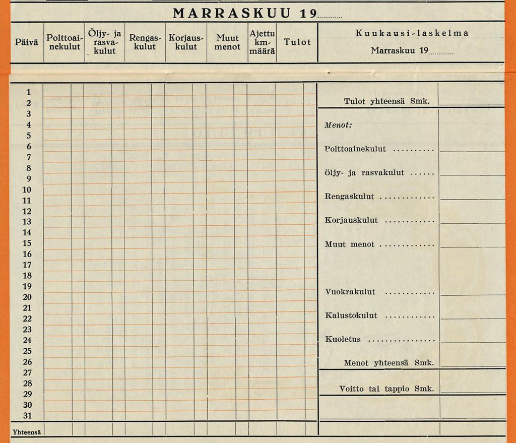 ~~ " " - MARRASKUU 19 p Polttoai- «J; *a Rengas- Korjaus- Muut PalVa A^ tv T. t JS,? kulut kulut menot ma^rä Kuukausi-laskelma Marraskuu 19 1 2 Tulot yhteensä Smk.