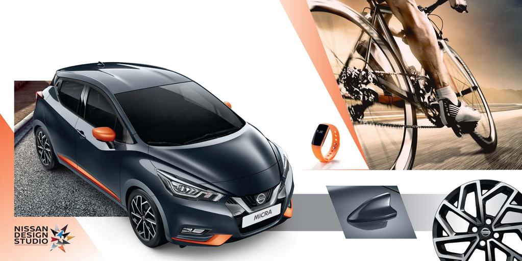 SUORITTAJA Yhdistä täysin uuteen MICRAan Gunmetal Grey -koriväri ja Energy Orange -sävyinen Exterior Pack, joka sopii hyvin yhteen Nissanaktiivisuusrannekkeen kanssa.