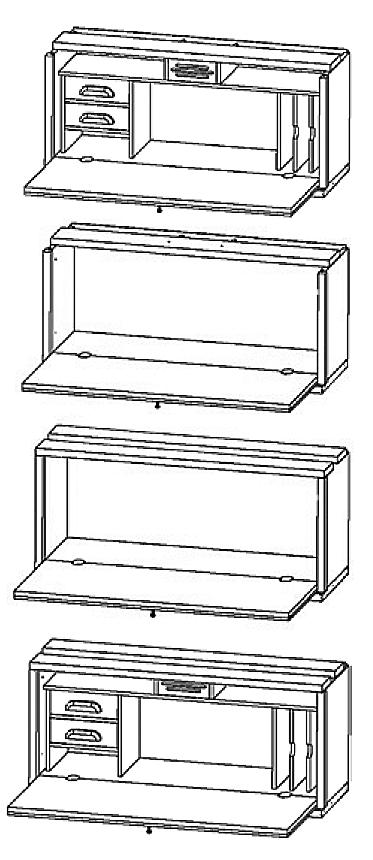 Sekretäri- ja laatikkoelementit 130 Sekretäri (36 cm) ei lyhennysmahdollisuutta 399 459 ulkomitat: l. 86,6 cm k. 36,3 cm s. 29,3 cm syvyys avattuna 59,5 cm 120 Baari (36 cm) 252 290 ulkomitat: l.