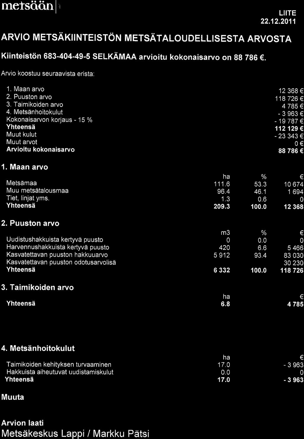 r tr a. TilETSO(}II I, LIITE 22.12.211 ARVIO M ETSAK I NTEISTO TU M ETSAIEIOU DELLIS ESTA ARVOSTA Kiinteistcin 683-44-49-5 SELKAMAA arvioitu kokonaisarvon 88786. Arvio koostuu seuraavista erista: 1.