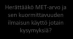 Paikallaanolo/liikkumattomuus MET 1,5 Liikkuminen/fyysinen aktiivisuus 1,6-2,8 MET 3-5,9 MET 6 MET - Kevyt Kohtuukuormitteinen Raskas istuminen makaaminen (seisominen) Kävely < 3 km/h Imurointi