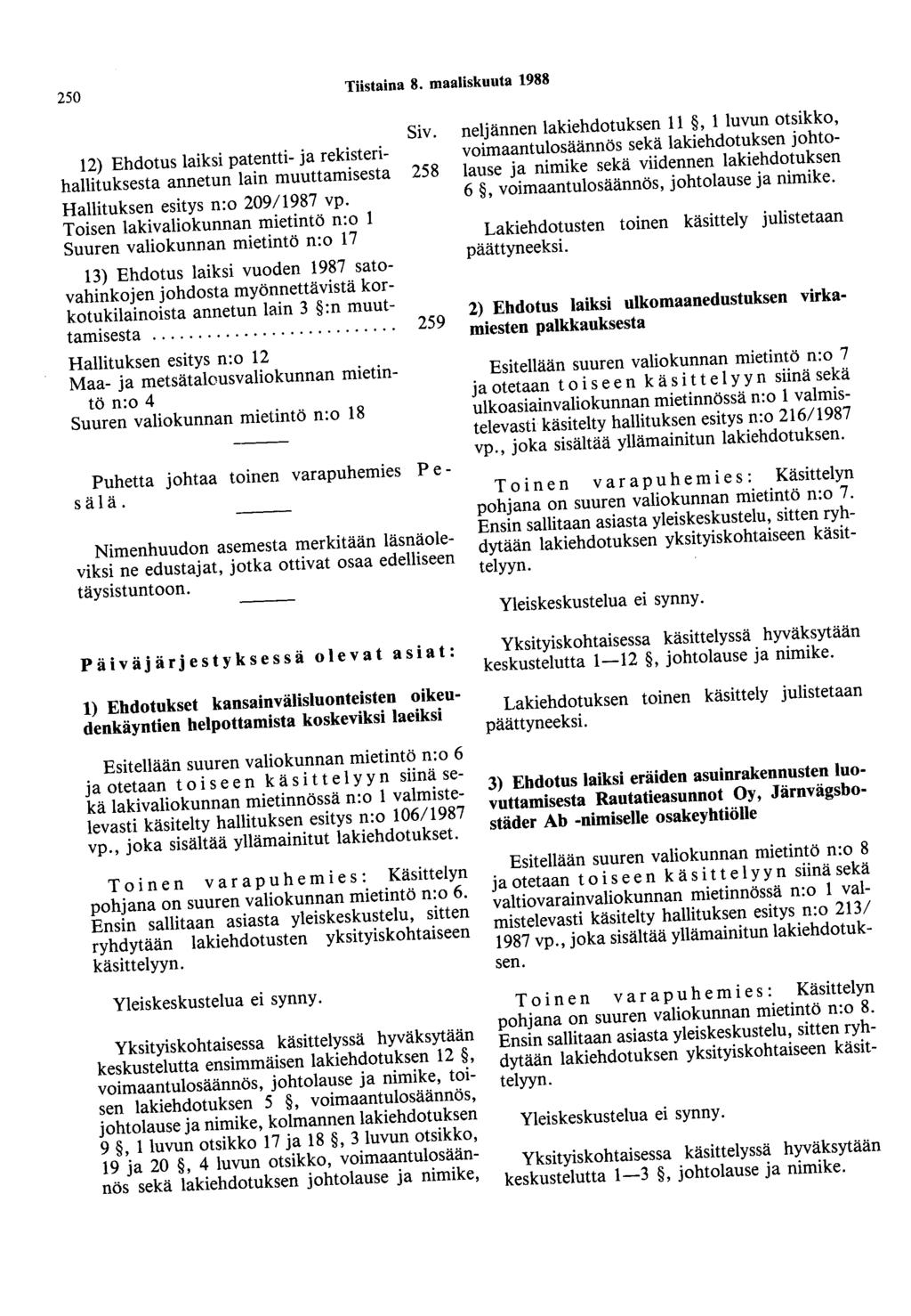250 Tiistaina 8. maaliskuuta 1988 Siv. 12) Ehdotus laiksi patentti- ja rekisterihallituksesta annetun lain muuttamisesta 258 Hallituksen esitys n:o 209/1987 vp.
