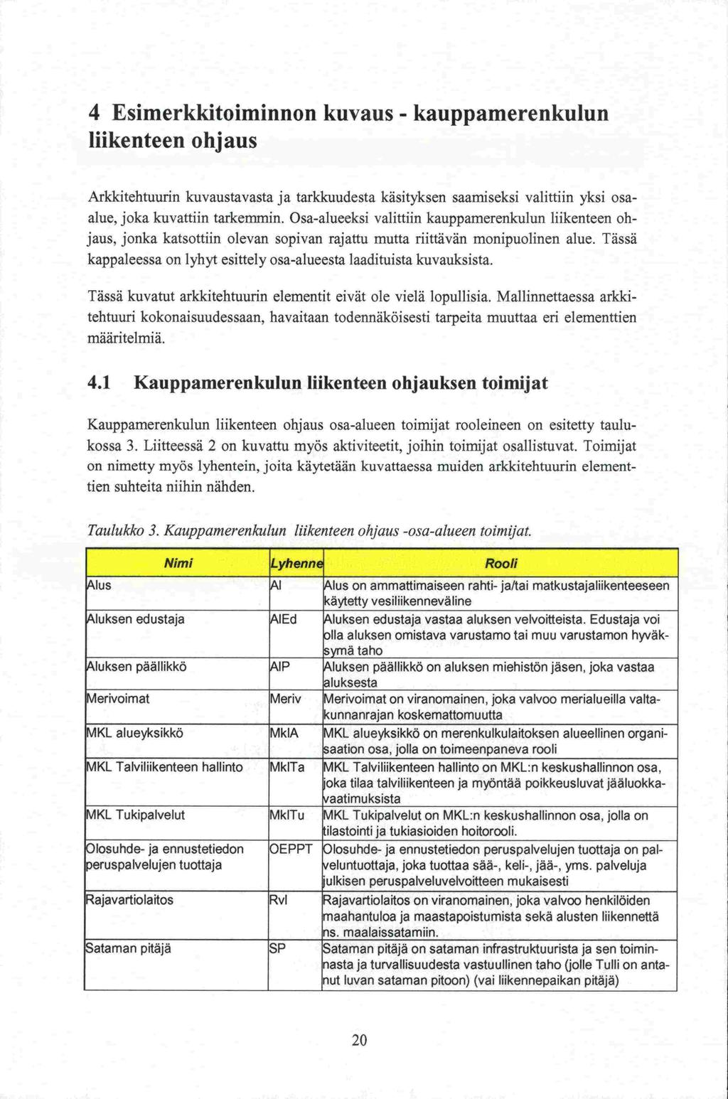 4 Esimerkkitoiminnon kuvaus - kauppamerenkulun liikenteen ohjaus Arkkitehtuurin kuvaustavasta ja tarkkuudesta käsityksen saamiseksi valittiin yksi osaalue, joka kuvattiin tarkemmin.