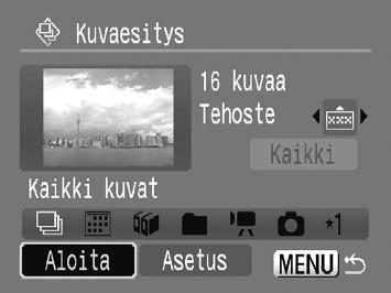 . Kuvaesitysten katseleminen Voit toistaa muistikortille tallennettuja kuvia ja videoita automaattisesti. Kukin kuva on näkyvissä noin kolmen sekunnin ajan. Valitse [Kuvaesitys].