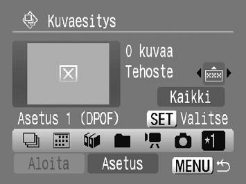 Toista kuvat toimimalla s. 107 vaiheen 2 mukaisesti. Yhden kuvan valinta Voit valita toistettavat kuvat yksitellen, lajitella ne käyttäjän asetukseksi 1 3 ja toistaa ne. 108 Valitse. Toimi s.