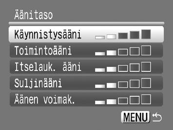 Ääniasetusten vaihtaminen Voit hiljentää kameran painikkeiden äänet tai säätää kameran äänien voimakkuutta. Äänten mykistäminen Paina n-painiketta ja valitse 3-välilehti.