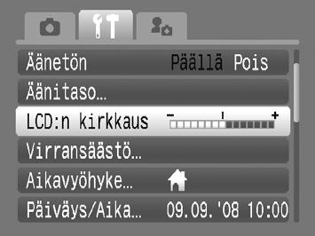 Näytön kirkkauden muuttaminen Näytön kirkkautta voidaan muuttaa kahdella tavalla. Valikon kautta Paina n-painiketta ja valitse 3-välilehti. Valitse sitten [LCD:n kirkkaus] ja paina m-painiketta.