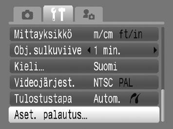 Kameran oletusasetusten palauttaminen Jos olet määrittänyt asetuksen epähuomiossa, voit palauttaa kameran oletusasetukset. Valitse [Aset. palautus]. Paina n-painiketta ja valitse 3-välilehti.