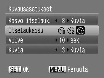 $ Itselaukaisu-toiminnon mukauttaminen Voit määrittää viiveajan (0 30 sekuntia) ja otettavien kuvien määrän (1 10 kuvaa). Avaa [Kuvausasetukset]-näyttö.