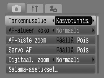 Tarkennusalueen tilan muuttaminen Voit muuttaa automaattitarkennuksen alueen tilan vastaamaan näkymää, jonka haluat kuvata. Valitse [Tarkennusalue].