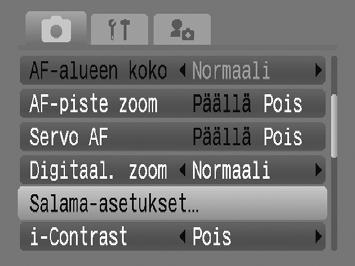 Œ Punasilmäkorjaus Voit käyttää automaattista korjausta salamalla otettuihin kuviin, joissa silmät näkyvät punaisina. Valitse [Salama-asetukset].
