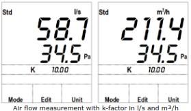 Ilman nopeus (m/s ja Pa): SwemaMan 8:lla on mahdollista mitata ilman nopeus liittämällä mittariin pitot-putki. Paina UNIT-näppäintä, kunnes näytöllä näkyy m/s ja Pa.