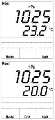 Barometrinen paine ja lämpötila (hpa ja C): Paina UNIT-näppäintä, kunnes näytöllä näkyy hpa ja C. Näytöllä näkyvat lukemat on mitattu sisäänrakennetulla barometrilla ja termoparilla.