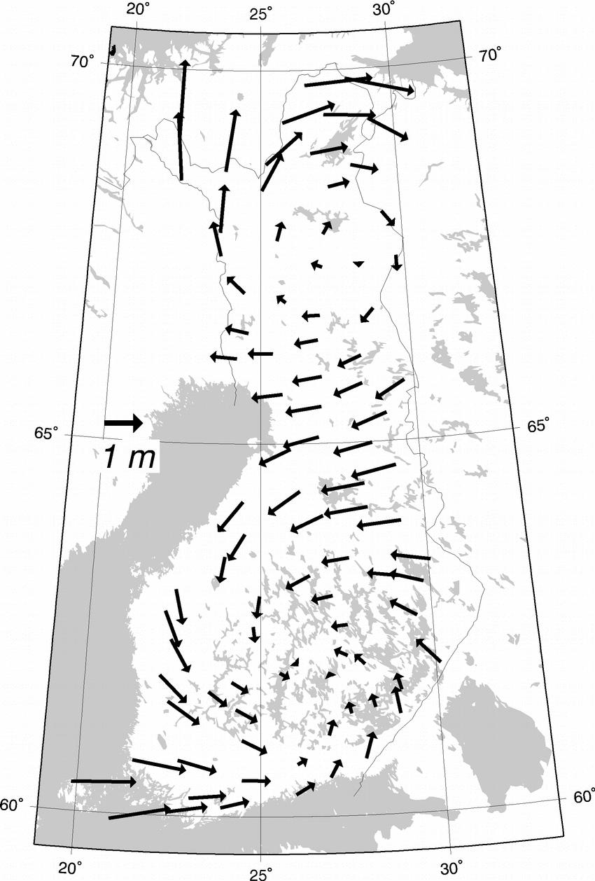 Kuva 1. 7-parametrisen yhdenmuotoisuusmuunnoksen jäännösvirheet EUREF-FIN:n ja KKJ:n välillä.