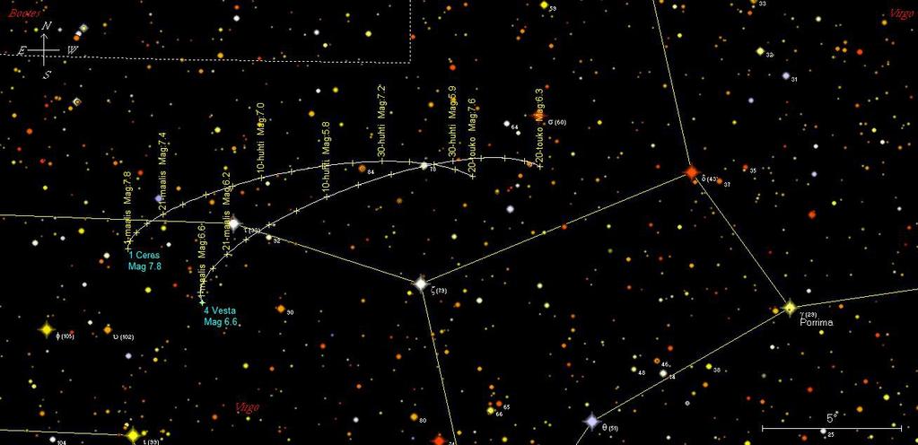 2. Keväällä 2014 havaittavia pikkuplaneettoja 2.1. Pikkuplaneetta 4 Vesta ja kääpiöplaneetta 1 Ceres Pikkuplaneetta 4 Vesta liikkuu keväällä Neitsyen Tau-tähden läheisyydestä Delta-tähden itäpuolelle.
