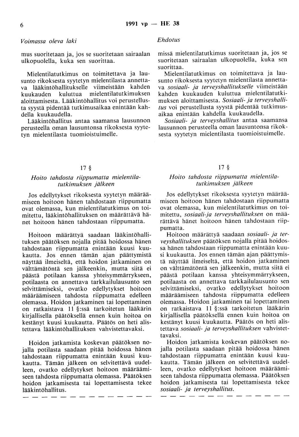 6 1991 vp - HE 38 Voimassa oleva laki mus suoritetaan ja, jos se suoritetaan sairaalan ulkopuolella, kuka sen suorittaa.