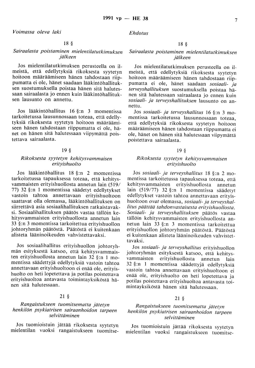 1991 vp - HE 38 7 Voimassa oleva laki 18 Sairaalasta poistaminen mielentilatutkimuksen Jos mielentilatutkimuksen perusteella on ilmeistä, että edellytyksiä rikoksesta syytetyn hoitoon määräämiseen