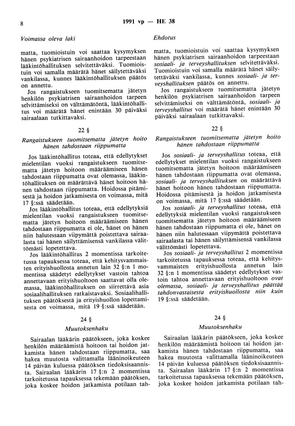 8 1991 vp - HE 38 Voimassa oleva laki matta, tuomioistuin voi saattaa kysymyksen hänen psykiatrisen sairaanhoidon tarpeestaan lääkintöhallituksen selvitettäväksi.