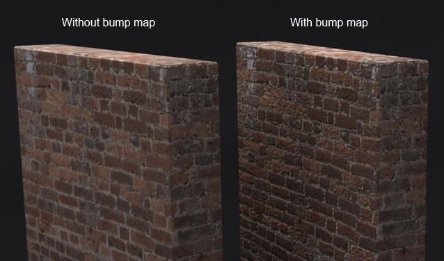 12 Kuva 5. Bump Mappingin vaikutus tiiliseinään (Jefferson 2012). Displacement Mapping taas konkreettisesti muuttaa mallinnuksen ulkoista muotoa.