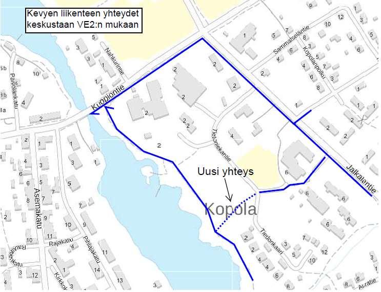 6.2 Muutkset nykyisiin kevyen liikenteen yhteyksiin Kuva 6. Kevyen liikenteen yhteydet nyt ja VE1:n mukainen uusi yhteys. Kuva 7. Kevyenliikenteen yhteydet VE2:n mukaan.
