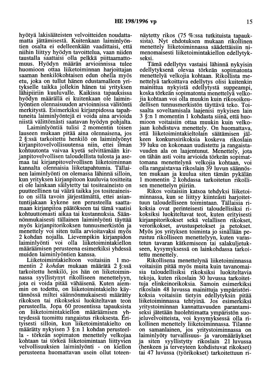 HE 198/1996 vp 15 hyötyä lakisääteisten velvoitteiden noudattamatta jättämisestä.