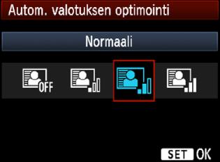 RAW-uvia voidaan orjata Digital Photo Professional -ohjelmistossa (muana, s. 264). 1 2 3 Valitse [Auto Lighting Optimizer/ Autom. valotusen optimointi].