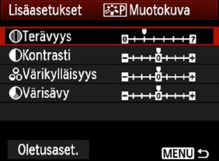 A Kuvaominaisuusien muauttaminenn Voit muauttaa uva-asetusta säätämällä ysittäisiä parametreja, uten [Terävyys] ja [Kontrasti]. Tarista muutosten vaiutuset testiotosilla.