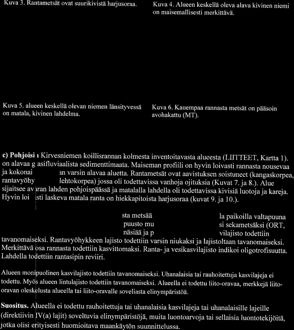 Kuva 3. Rantametsiit ovat suurikivistii hariusoraa. Kuva 4. Alueen keskellii oleva alava kivinen niemi on maisemallisesti merkittiiv?i. Kuva 5. alueen keskellii olevan niemen liinsihrressii on matala.