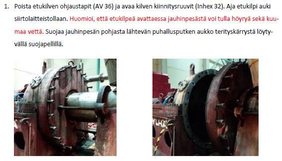39 Kuvio 17. Ote akseliston vaihto-ohjeesta Akseliston vaihto-ohjeeseen kirjattiin kuvien kera kaikki siltanosturilla suoritettavat nostot ja kussakin nostossa käytettävät nostoapuvälineet.