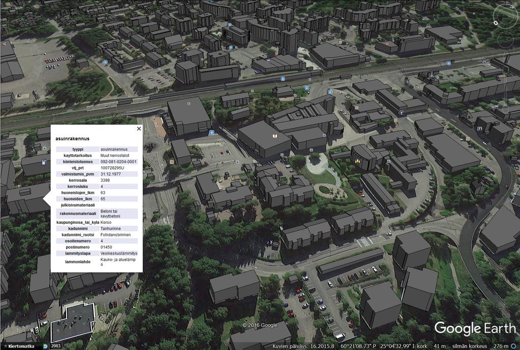Korson keskusta, LoD2, avoin data, kml Vantaan kaupunkimalli tulokset 2016 1. Aloitettu 3D-rakennusten vakioluovutus suunnittelijoille ja rakentajille (http://gis.vantaa.fi/karttatilaus) 2.