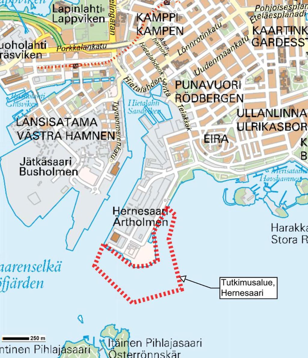 Tutkimusraportti 5 (26) Hernesaari, sedimenttitutkimus ENV552 13.11.2014 Kuva 1. Tutkimusalueen (2014) 