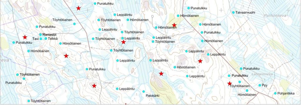 Silmälläpidettäviä (NT) lajeja on kaksi, metso ja viirupöllö, ja alueellisesti uhanalaisia (Tiainen ym. 2016) kolme: metso, pikkusieppo ja järripeippo.