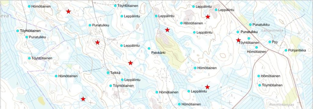 Kuvat 3-2 ja 3-3. Suojelullisesti huomionarvoisten lintulajien havaintopaikat selvitysalueella. Voimalapaikat on merkitty punaisella tähdellä.