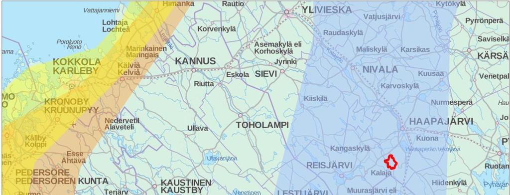 Kuva 3-4. Hankealue sijaitsee keskellä kurjen syysmuuttoreittiä. Taustakarttarasteri MML 10/2016. Lintujen muuttoreitit Toivanen ym. 2014.
