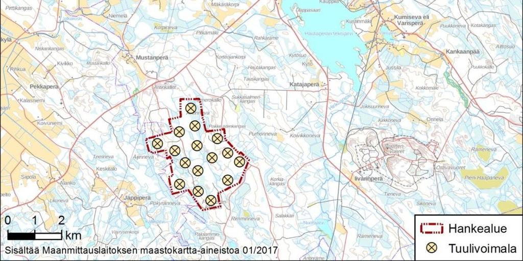 Hankkeen suunnitellut voimapaikat, alustavat tie- ja voimajohtolinjaukset on esitetty kartalla (Kuva 1-2). Tuulipuiston kaava-alueen alustava rajaus on pinta-alaltaan noin 850 ha. Kuva 1-1.