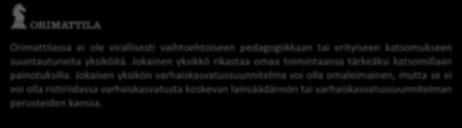 55 Varhaiskasvatuksen järjestäjä voi tarjota varhaiskasvatuspalvelua, joka perustuu vaihtoehtoiseen pedagogiikkaan tai erityiseen katsomukseen.