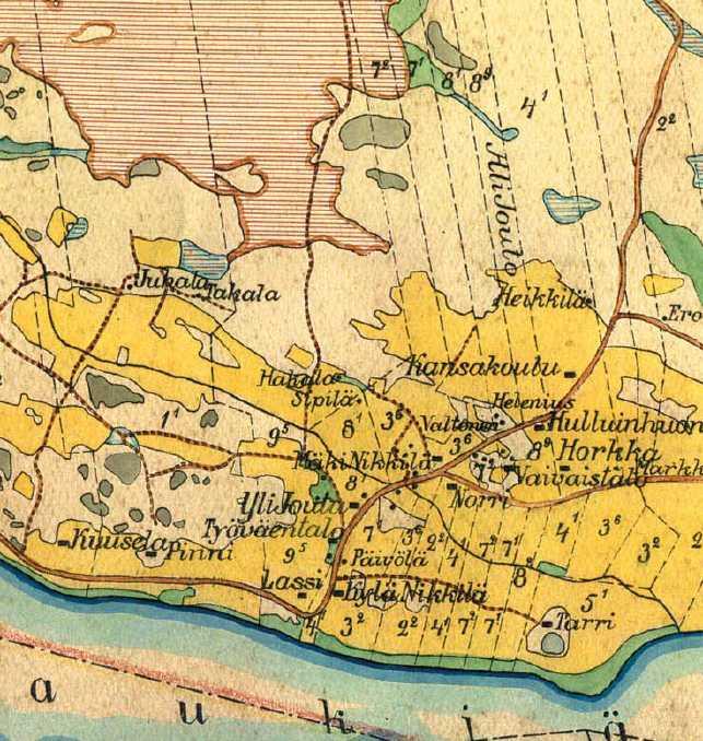 kuninkaankartta 1785-1805 Kartta-analyysi: Kuninkaankartastosta selviää, ettei kyseisellä alueella ole ollut aikaisemmin rakentamista, vaan se on ollut metsämaata Kärjensuon eteläreunalla.
