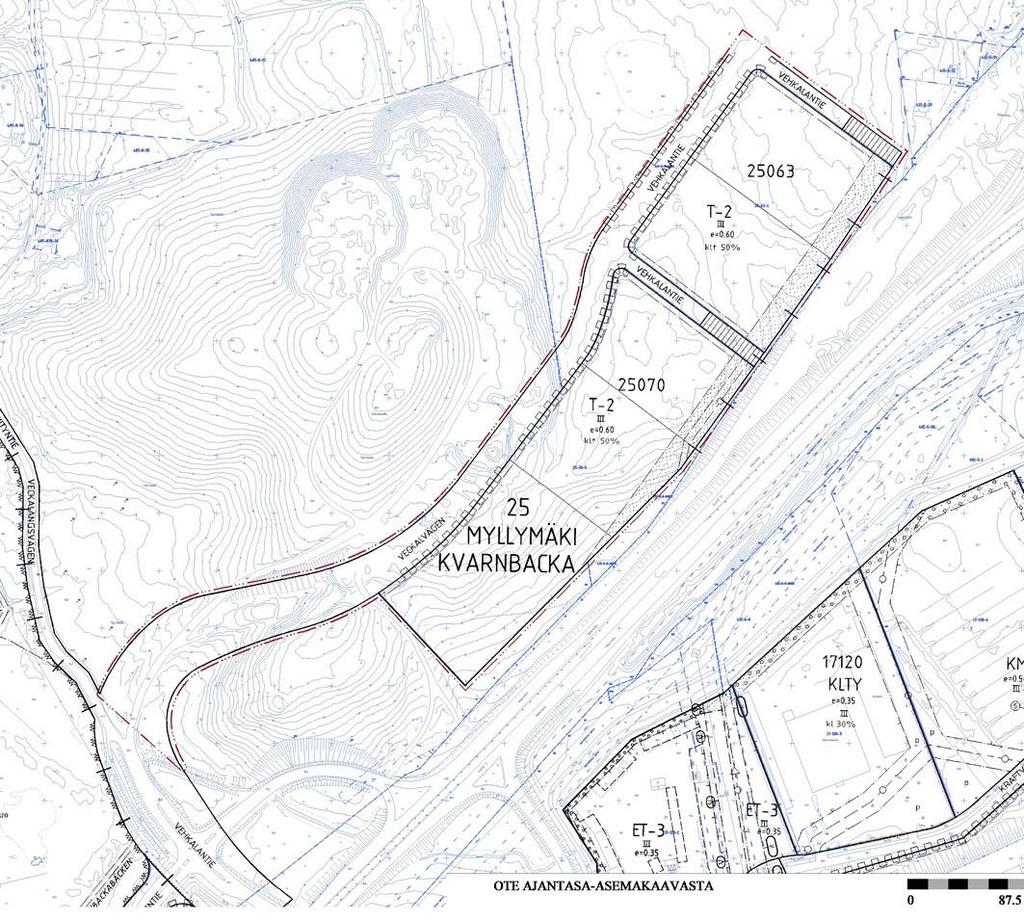 Ote ajantasa-asemakaavasta. 25070 Korttelin numero. T-2 Teollisuus- ja varastorakennusten korttelialue. e=0.50 Tehokkuusluku.