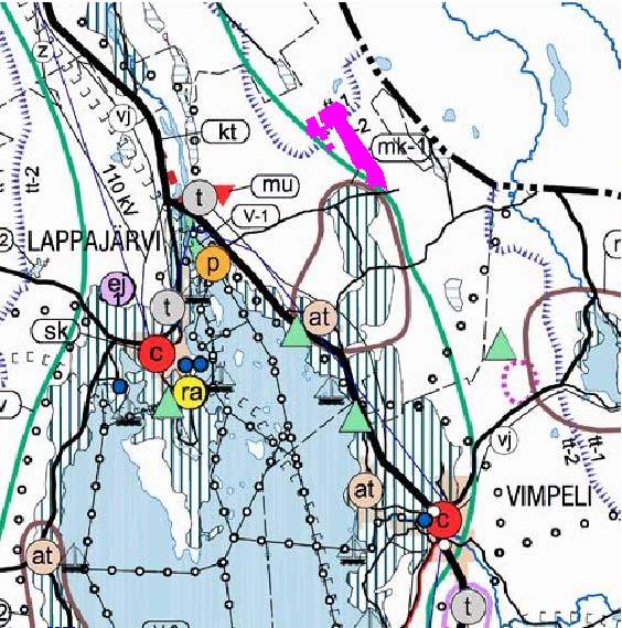 Kuva 6. Ote maakuntakaavasta ja hankealue. Hankealueen lounaispuolella sijaitsee Övermarkin kylä, jonka ympäristössä on harvakseltaan maatalousvalaista asutusta.