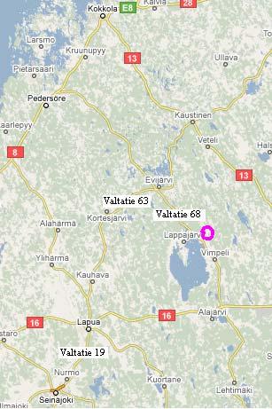 Kuva 9. Kuljetusreitit energiaturpeen käyttökohteisiin Pietarsaareen, Kokkolaan ja Seinäjoelle. Tuotantotoiminnan aiheuttama työmaaliikenne keskittyy touko-syyskuun väliselle ajalle.