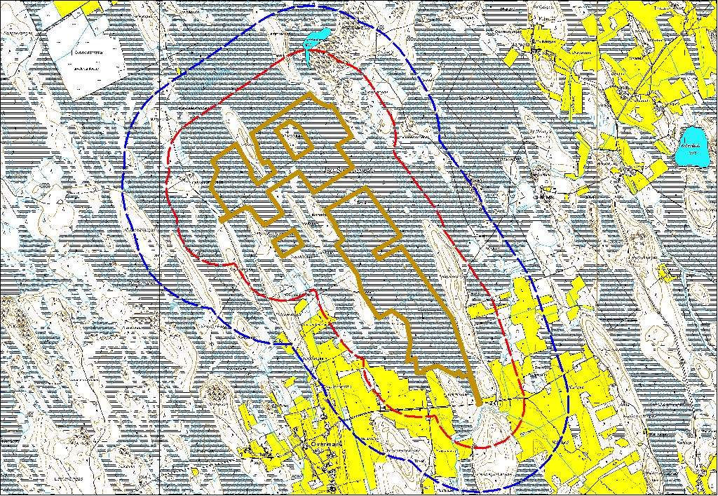 Kuva 11. Hankealueen yleiskartta ja YVA-alueen 500 m ( ) ja 1000 m ( ) etäisyysvyöhykkeet. 7.3.