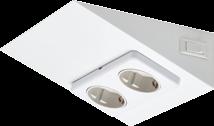 LUNA-2 USB USB-liittimillä ja valokytkimellä varustettu pintaan asennettava kaksoispistorasia valkoisena tai harjatulla teräspinnalla. Pistorasiat on varustettu lapsisuojilla.