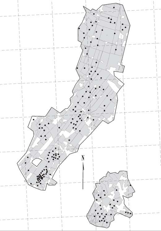 For other explanations, see the legend of Fig. 2. The distribution pattern shows formation of singing groups of territories. Background map: Agency for Rural Affairs. Kuva 5.