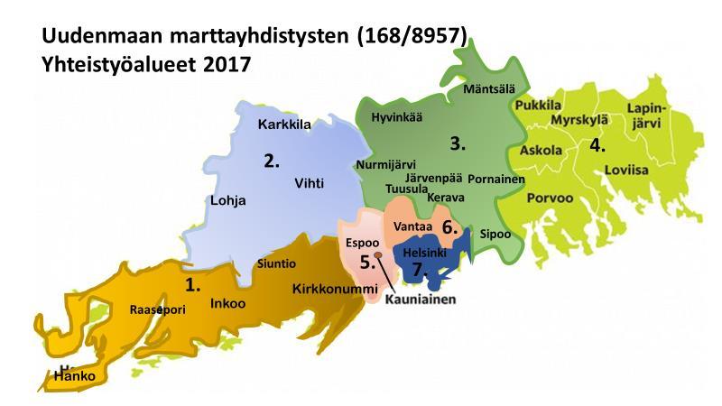 ALUETAPAAMISET Uudenmaan marttayhdistykset on jaettu seitsemään alueeseen, joilla on tehty jo pidempään yhteistyötä yhdistystoiminnan tukemiseksi.