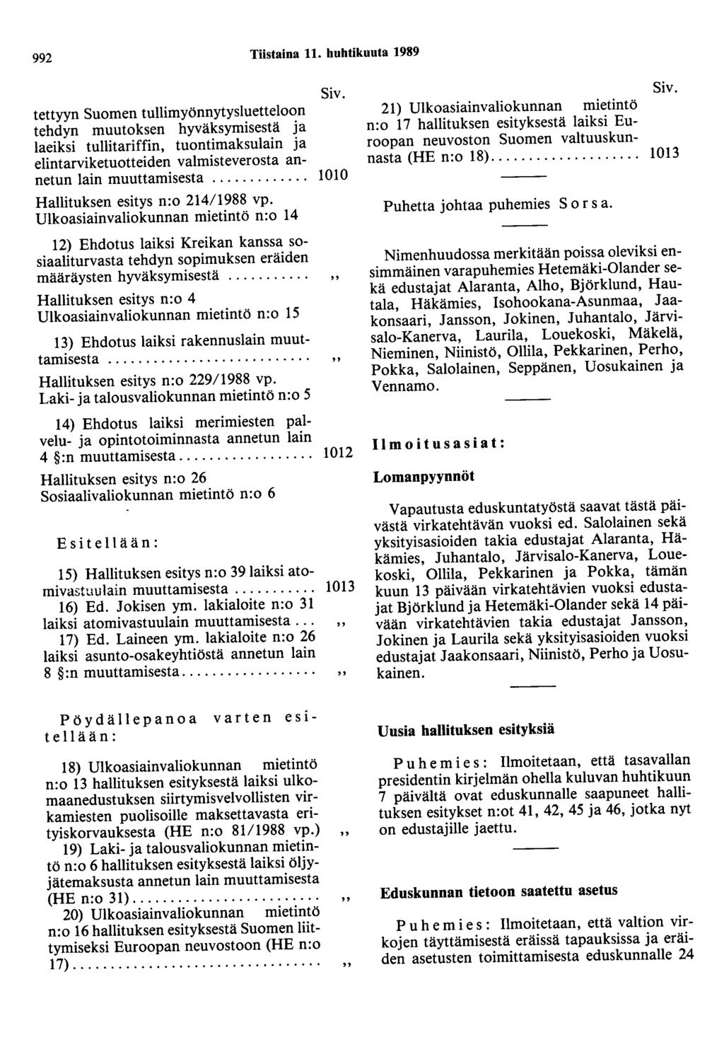 992 Tiistaina 11. huhtikuuta 1989 Siv.