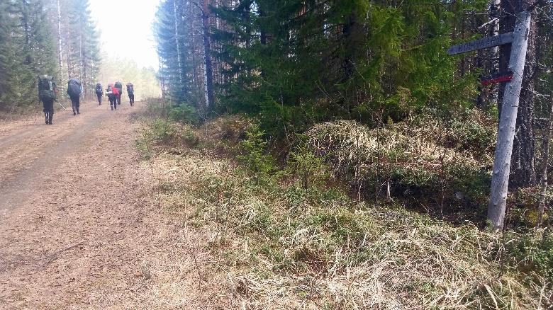 Ohitetaan oikealle kääntyvä metsäautotie, risteyksessä on punamusta viitta osoittamassa suoraan.